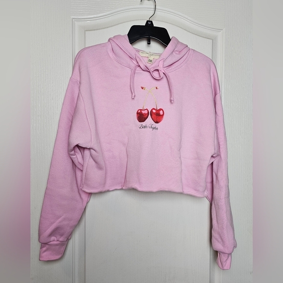 Women's UO Project Social T Cherries Graphic Cropped Hoodie Pink Sweatshirt XS - Picture 5 of 9